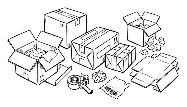 Cardboard boxes and parcels ready for shipping with packing tape dispenser, crumpled paper, and a barcode
