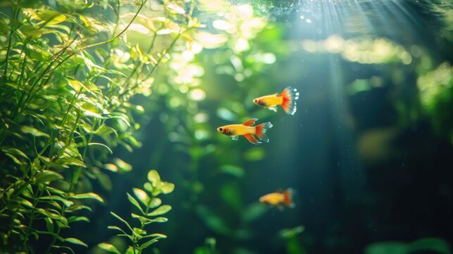 A lively aquarium scene with brightly colored guppies swimming gracefully among lush green aquatic plants