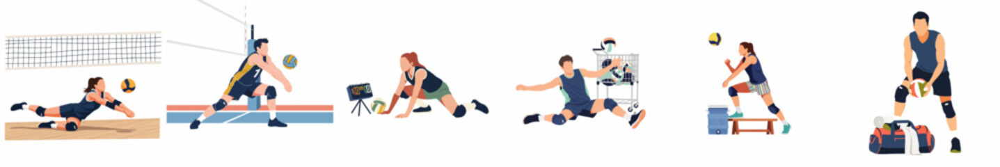 Fototapeta premium Collection of flat illustrations showing male and female volleyball players in various action poses, training, and game scenarios on a white background.