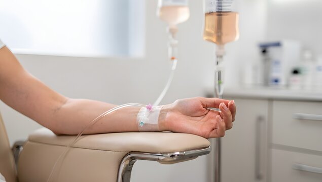 Ultra-realistic close shot of hand IV drip vitamin infusion, clear fluid bag hanging above, modern clinic room, soft neutral lighting, authentic treatment scene, premium realism