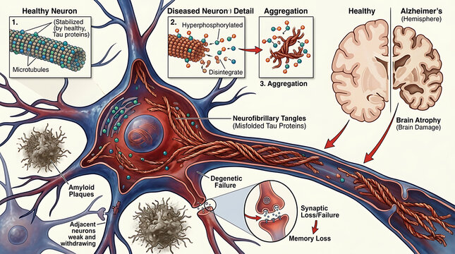 Neurofibrillary Tau Tangles and Misfolded Proteins with Hyperphosphorylation Inside Neuron Cells Causing Memory Loss and Brain Damage in Alzheimer Disease Microscopic Illustration