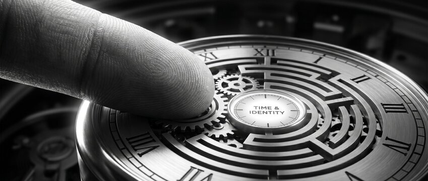 human fingerprint merging into a labyrinth clock design, monochrome futuristic style