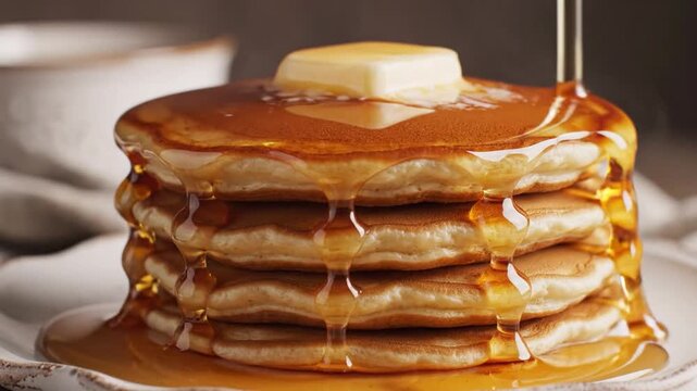 Golden Stack of Pancakes with Butter and Syrup
