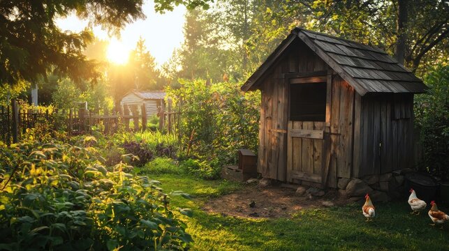 A rustic wooden henhouse nestled in a sun-dappled garden with chickens pecking near the entrance at dawn