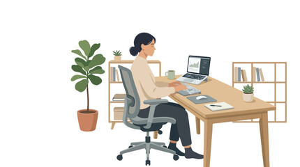 Fototapeta premium Woman Working on Laptop at Desk with Plants Modern Home Office Illustration 2D Hybrid Work Style
