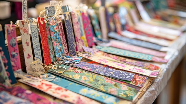 A table covered with decorative bookmarks made from paper and fabric at a craft fair