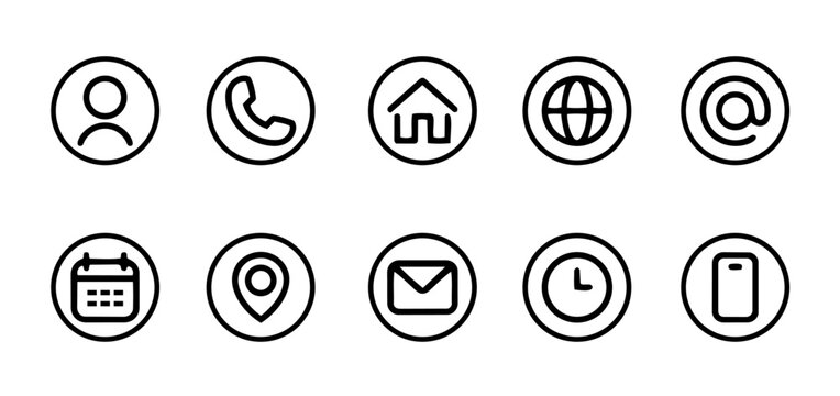 Contact and Navigation Icon Set &ndash; User, Phone, Location and Interface Icons - Contact communication icon set outline vector isolated white background