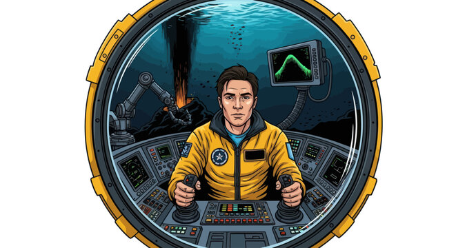 Submarine Pilot in Cockpit Comic Book Style Vector Illustration