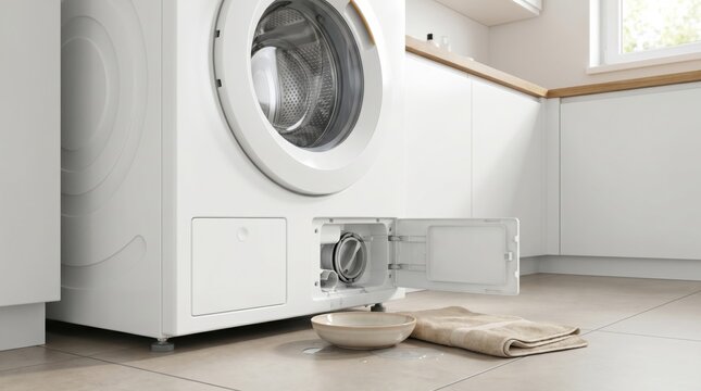 Washing Machine Drain Filter Cleaning With Bowl and Towel