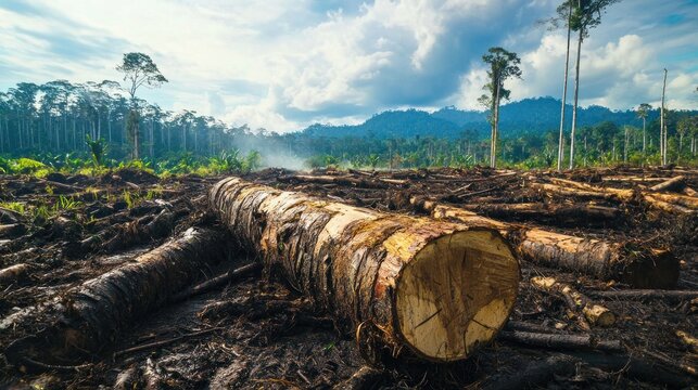 An environmental activist highlights how illegal logging exploits natural resources, showing images of deforestation and damaged ecosystems
