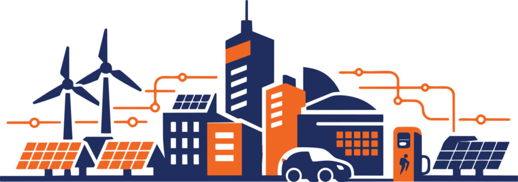 Smart city concept with solar panels and wind energy