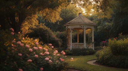 Fototapeta premium Peaceful garden gazebo at sunset