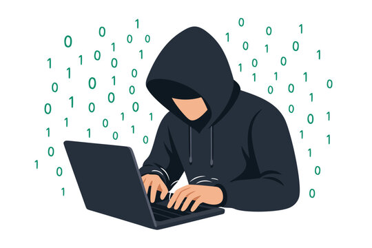 Flat vector illustration of a hacker in a dark hoodie typing rapidly on a laptop surrounded by floating digital data, cyber security breach, computer programming, and binary code interface.
