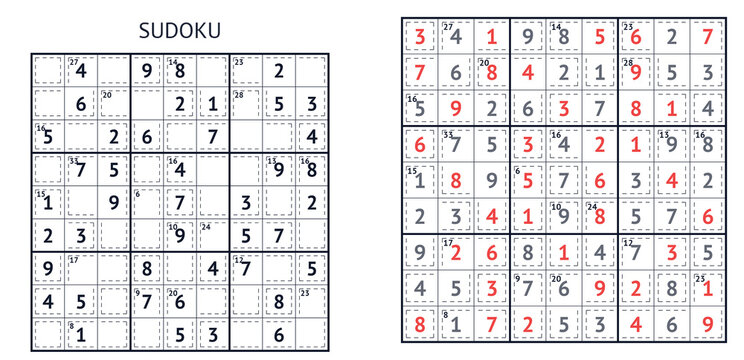 Sudoku puzzles with completed solution and hints in red  