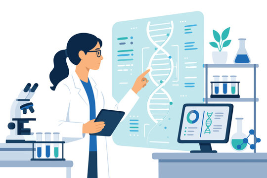 High-tech flat vector illustration of a scientist interacting with a glowing digital DNA sequence helix in a laboratory, representing biotechnology research, genetic engineering and medical science.