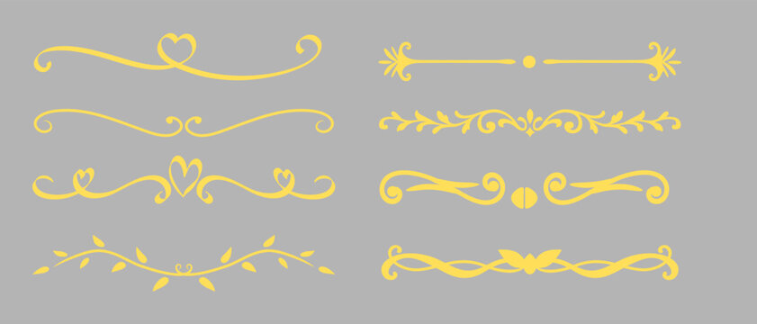 Elegant golden calligraphic text dividers and subtle heart flourishes for wedding stationary.
