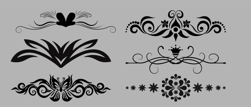 Solid black ornate headers, symmetrical crest elements, and gothic style flourishes for luxury labeling.