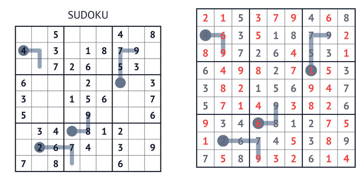 Sudoku puzzle with solution and highlighted numbers for clarity  