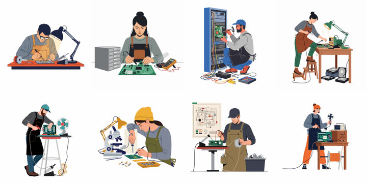 Set of illustrations featuring technicians and engineers soldering, repairing, and assembling electronic components, circuit boards, and hardware in various workshop settings.