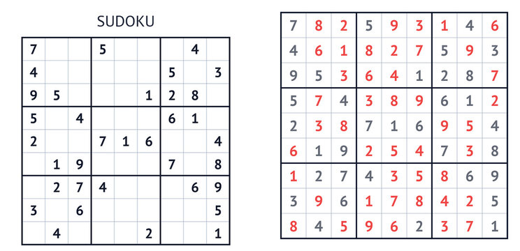 Classic Sudoku game with empty grid and solved puzzle layout  