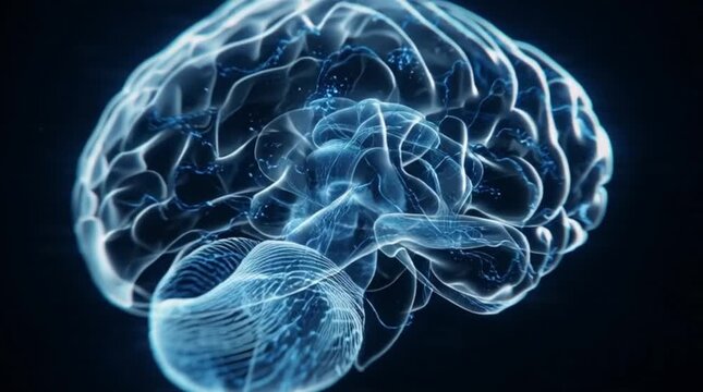 Vibrant blue digital visualization of the human brain's intricate neural network, symbolizing intelligence, technology, and data processing in a scientific context