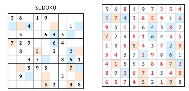 Sudoku puzzle with highlighted numbers and solution grid  