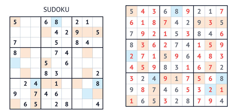 Sudoku puzzle grids with solutions and numbers in colorful layout  