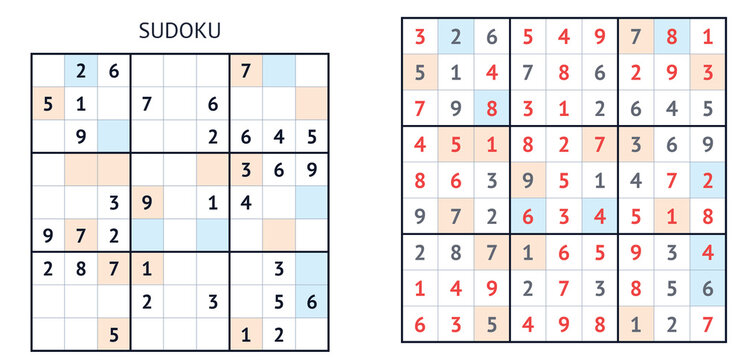 Sudoku puzzle grid with solved and unsolved sections in color  