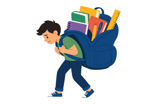 Flat vector illustration of a young student carrying a heavy and oversized backpack filled with books and supplies representing the back to school concept with a modern and minimal aesthetic.