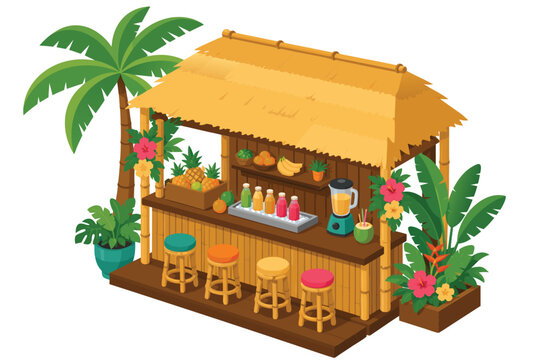 Tropical tiki bar serving fresh cold juice on a sandy beach, isometric 3D flat style vector illustration with vibrant colors and solid shapes featuring palm thatch roof and exotic drinks.