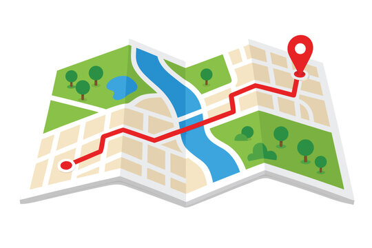 3D isometric vector illustration of an open generic paper map featuring a red route path line and a destination location pin icon for travel navigation, logistics, and delivery concepts.
