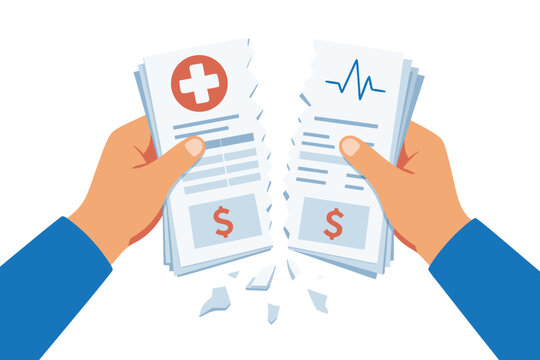 Detailed flat vector illustration of hands tearing up a stack of expensive medical bills symbolizing financial relief, healthcare freedom, and debt cancellation in a modern clinic setting.