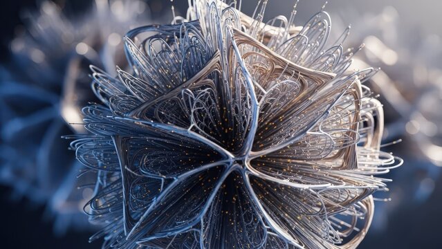 Abstract metallic floral structure with glowing particles and soft bokeh background