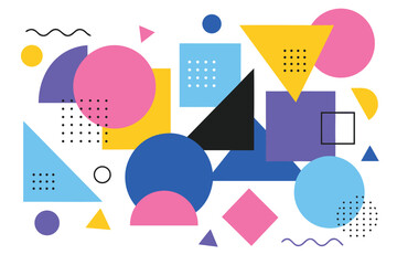 Obraz premium Abstract vector background of overlapping geometric shapes including circles, triangles, and squares in a vibrant Memphis style design with modern patterns for bold and colorful layouts.
