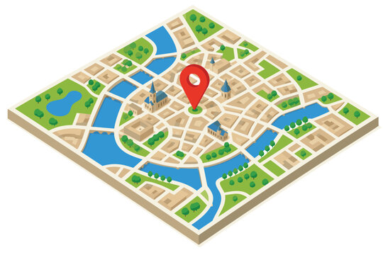 High-quality isometric 3D vector illustration showing a physical map with a red destination pin marking a generic European city, ideal for GPS, logistics, and tourism marketing materials.