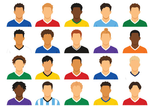Diverse Collection of Anonymous Soccer Player Avatars Featuring Male and Female Athletes in Various Team Uniforms and Poses Ideal for Football Gaming Profiles and Sport Team Management Apps