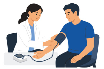 Fototapeta premium Modern flat vector illustration showing a doctor measuring blood pressure for a patient using a digital monitor, focus on hypertension prevention and healthcare checkup in a bright clinic.
