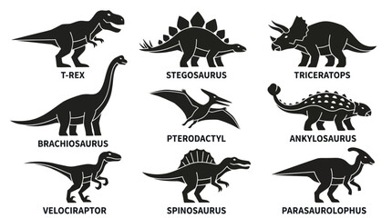Set of Dinosaur Silhouettes - T-Rex, Triceratops, Stegosaurus, Brachiosaurus, Pterodactyl © nongko