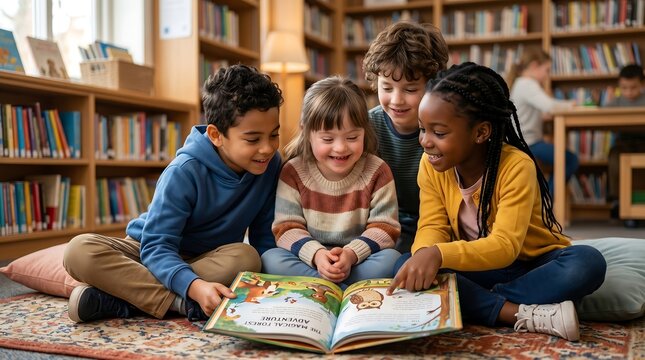 Children reading colorful storybook in cozy school library, child with Down syndrome smiling among friends, representing inclusive education and care