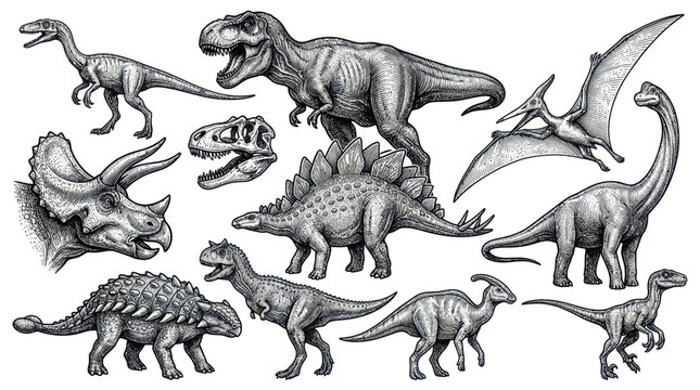 Collection of Dinosaurs - Hand-Drawn Illustrations