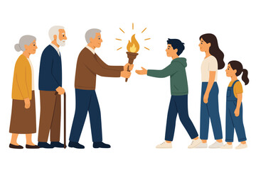 Obraz premium Flat vector illustration of an elderly person passing a glowing light to a young child, symbolizing the transfer of knowledge, heritage, and wisdom between generations in a minimal style.