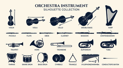 Orchestra Instrument Silhouettes Collection: String, Woodwind, Brass, Percussion © nongko