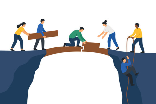 Flat vector illustration showing a diverse team working together to construct a wooden bridge over a deep gap, representing collaboration, teamwork, overcoming obstacles, and building connections.