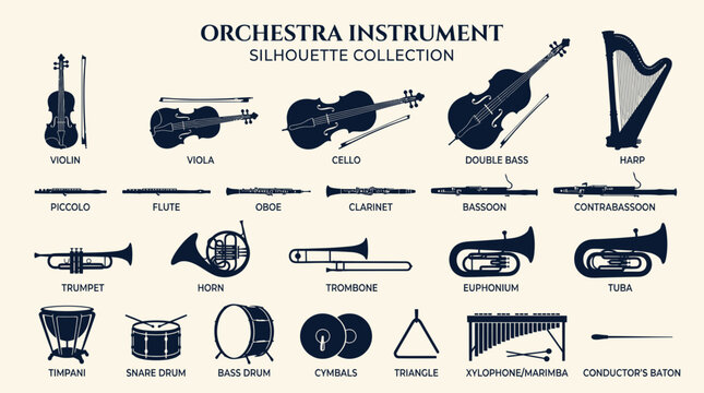 Orchestra Instrument Silhouettes Collection: String, Woodwind, Brass, Percussion