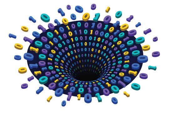 Isometric vector illustration of a digital black hole with abstract binary code spiraling into a dark central vortex, representing data loss, cybersecurity threats, and big data abyss concepts.