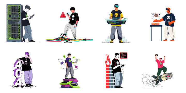 A collection of eight flat vector illustrations depicting young hackers and cybercriminals engaged in various malicious digital activities and network attacks.