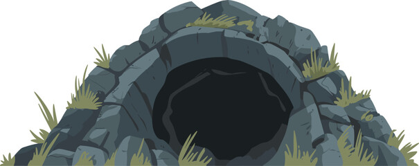 Dark stone cave entrance vector game asset with jagged grey rocks and green grass clumps © MdIbrahimIslam