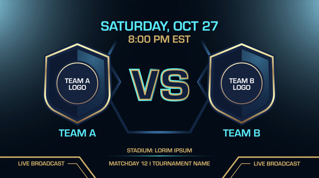 Sports scoreboard layout live broadcast event screen vector graphic with team VS display template 