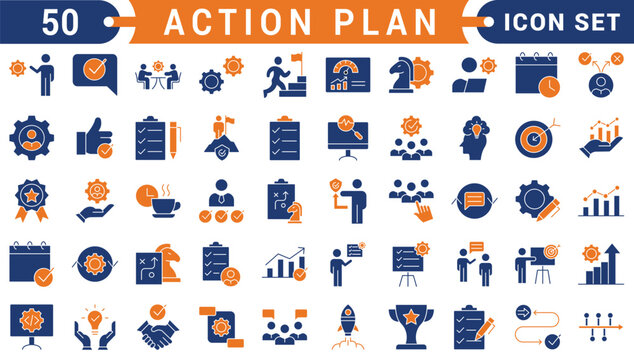 Action plan editable stroke outline icons set. Goal, collaboration, strategy, tasks, action, planning and analysis