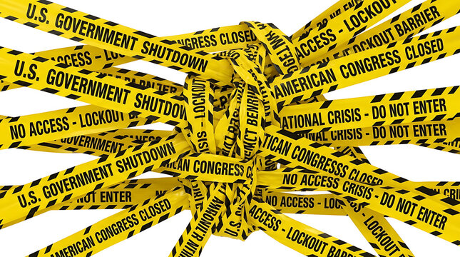 Caution Yellow Hazard Tape Symbolic of US Government Shutdown and American Congress Lockout Crisis, Isolated Warning Barrier Representing Political Impasse on Clear White Background
